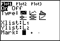 The calculator plot 1 screen is displayed.  The scatter plot is highlighted.  The x-list is list 1 and the y-list is list 2.