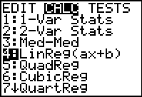 :  The calculator calculate screen is displayed. Entry 4: Linear Regression is highlighted.
