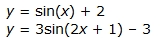 y equals sine of x plus two and y equals three times the sine of the quantity two x plus one end quantity minus 3.