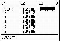 Same as the previous screen shot, with the following difference: L two has been filled in with the following values: 1.2688, 1.0712, 2.9288, 2.9288, 2.9288, 1.0712, 2.9288