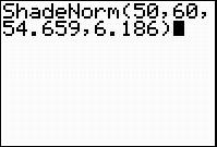 A screenshot from the graphing calculator is shown. The home screen is displayed with the command Shade Normal parenthesis fifty comma sixty comma 54.659 comma 6.186 parenthesis.
