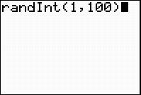 This is a screenshot from the graphing calculator. It shows the home screen with the command to generate random integers from one to one hundred