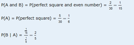Probability of A and B is equal to the probability of a perfect square and an even number, which equals two thirtieths which equals one-fifteenth. The probability of A equals the probability of a perfect square which equals five thirtieths which equals one-sixth. The probability of B given A equals one-fifteenth divided by one-sixth, which equals two-fifths.
